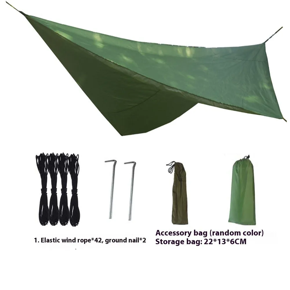 Waterproof anti-mosquito sunshade hammock package in army green set up outdoors with canopy and net
