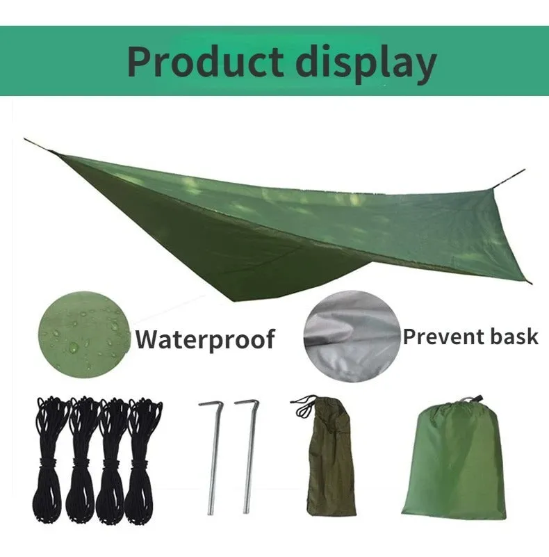 Waterproof anti-mosquito sunshade hammock package in army green set up outdoors with canopy and net