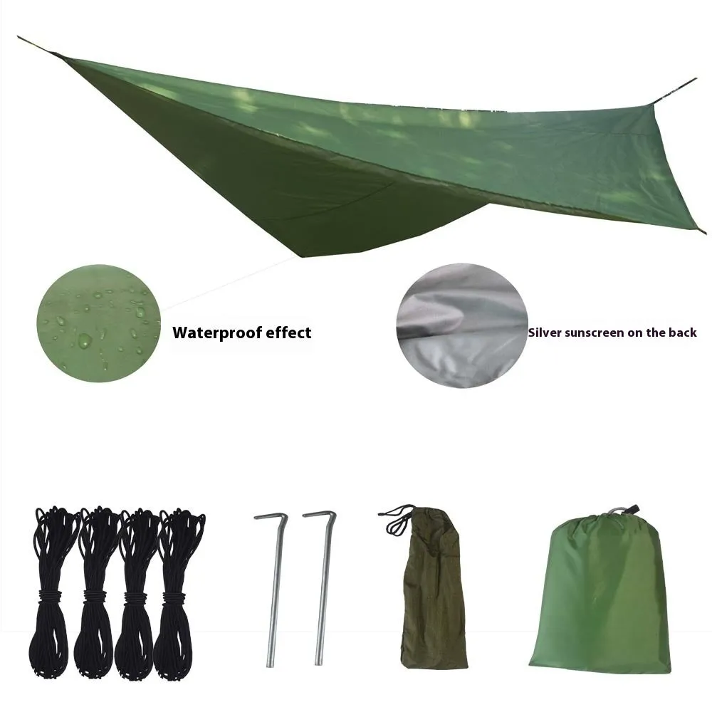 Waterproof anti-mosquito sunshade hammock package in army green set up outdoors with canopy and net