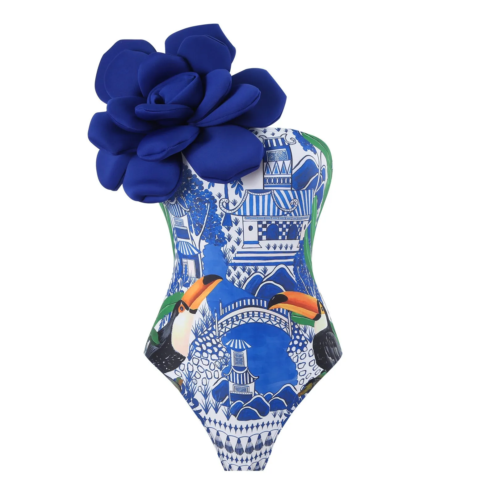 Women's blue fairy style one-piece jumpsuit swimsuit with matching skirt.