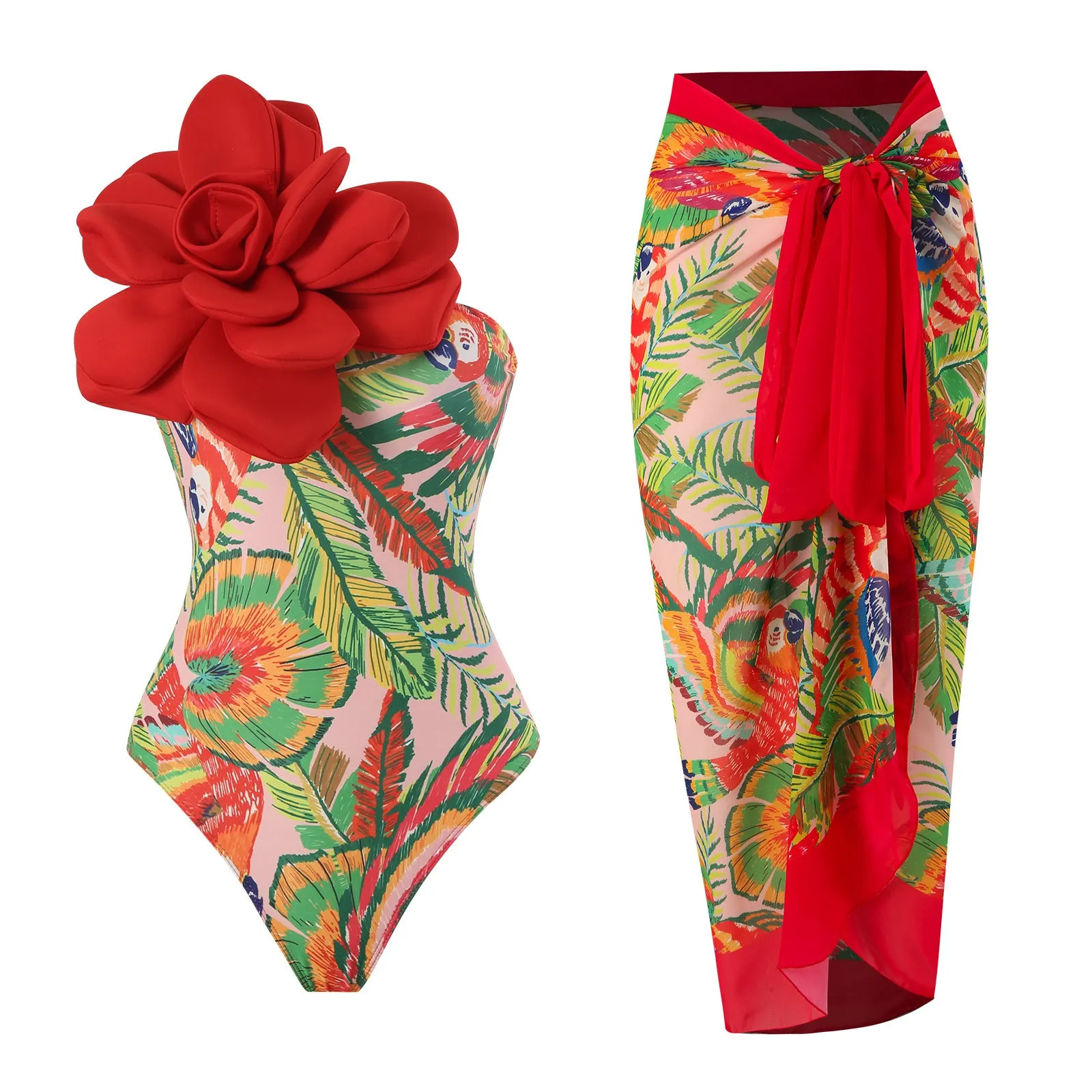 Women's blue fairy style one-piece jumpsuit swimsuit with matching skirt.