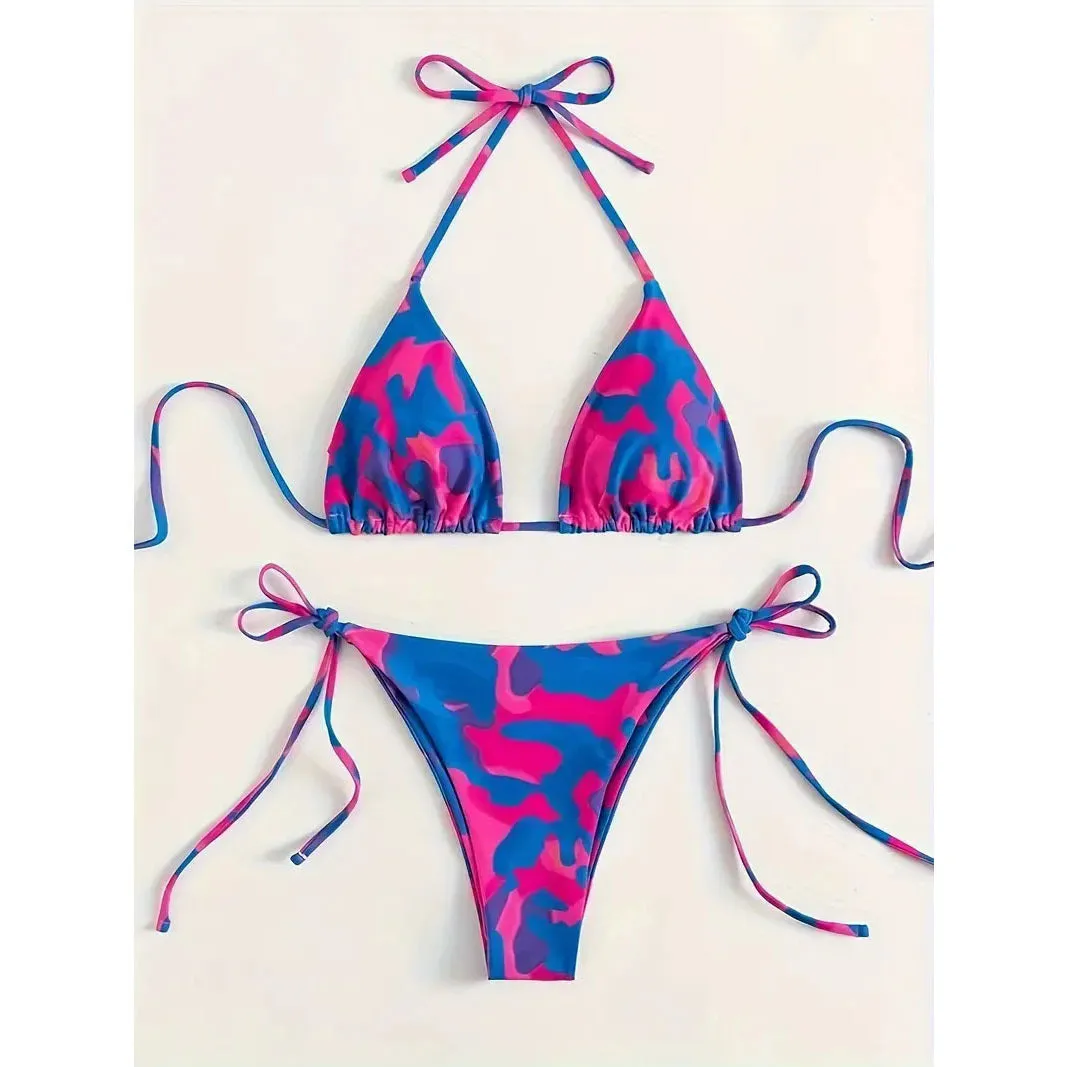 Women's camouflage halter bikini two-piece set in solid colour with adjustable ties, size range XS to 5XL