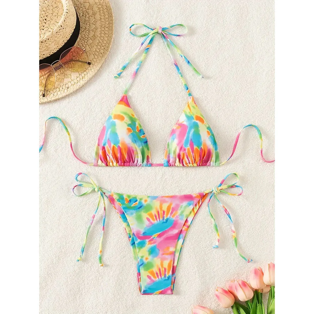 Women's camouflage halter bikini two-piece set in solid colour with adjustable ties, size range XS to 5XL