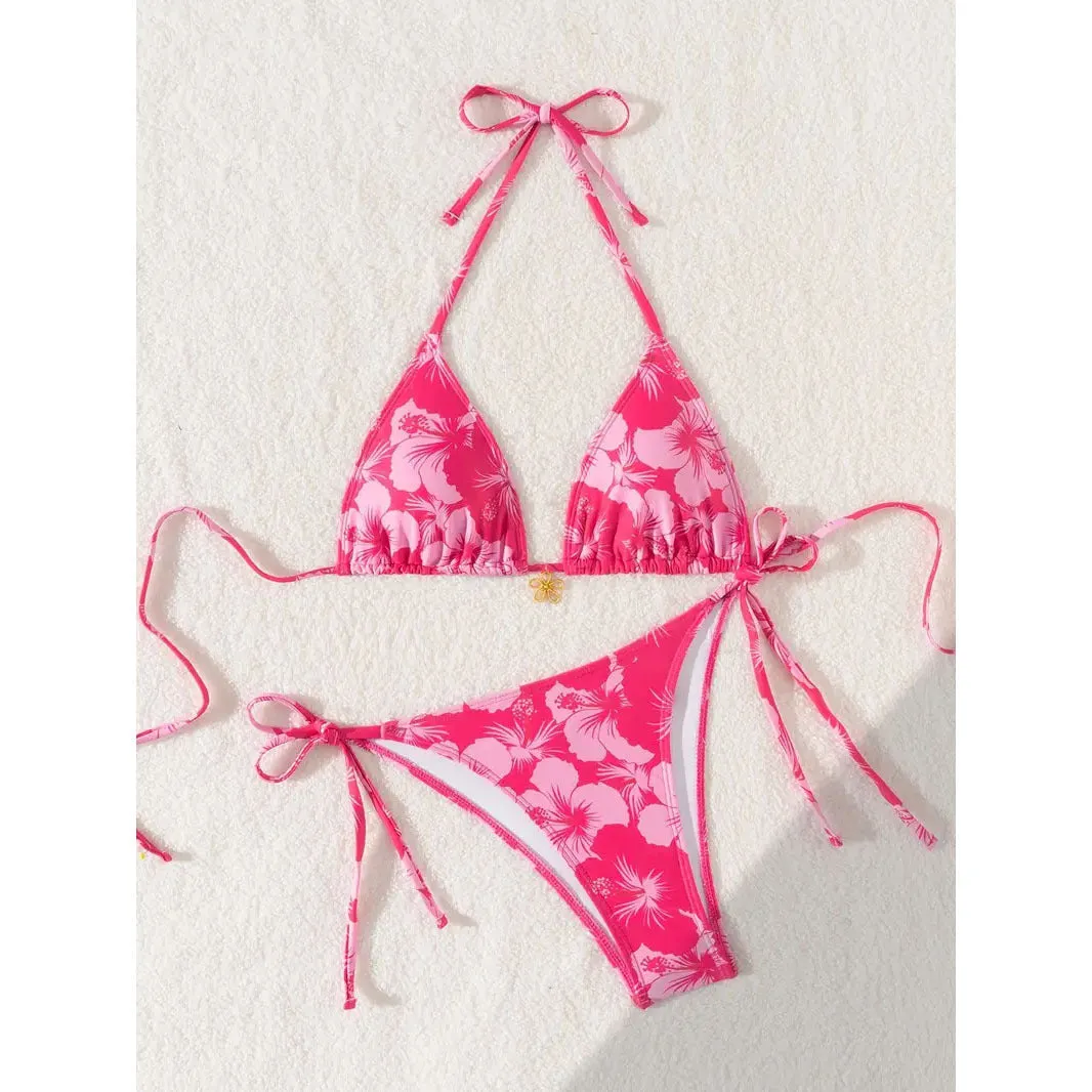 Women's camouflage halter bikini two-piece set in solid colour with adjustable ties, size range XS to 5XL