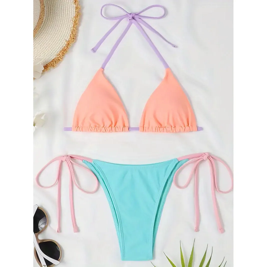 Women's camouflage halter bikini two-piece set in solid colour with adjustable ties, size range XS to 5XL