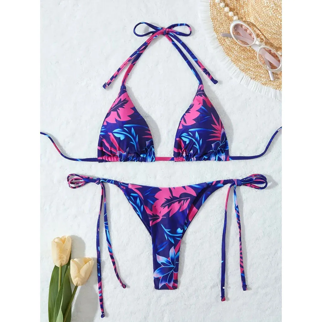 Women's camouflage halter bikini two-piece set in solid colour with adjustable ties, size range XS to 5XL
