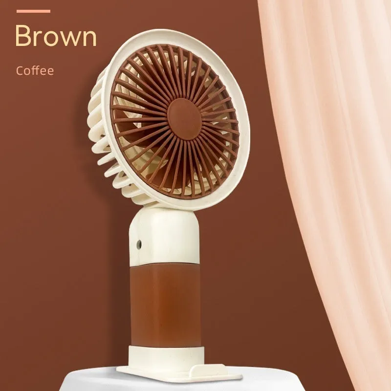 Mini handheld fan with phone holder, plastic blades, USB rechargeable, 16x8x6cm size, pink colour option