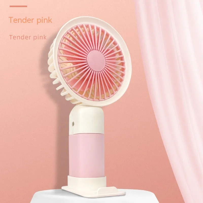 Mini handheld fan with phone holder, plastic blades, USB rechargeable, 16x8x6cm size, pink colour option