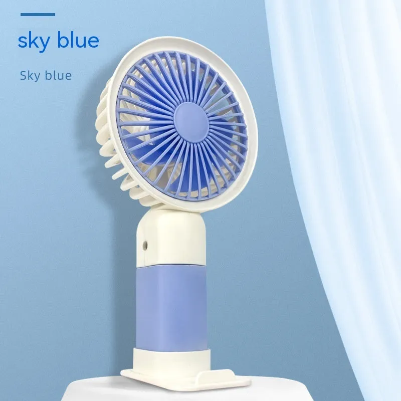 Mini handheld fan with phone holder, plastic blades, USB rechargeable, 16x8x6cm size, pink colour option