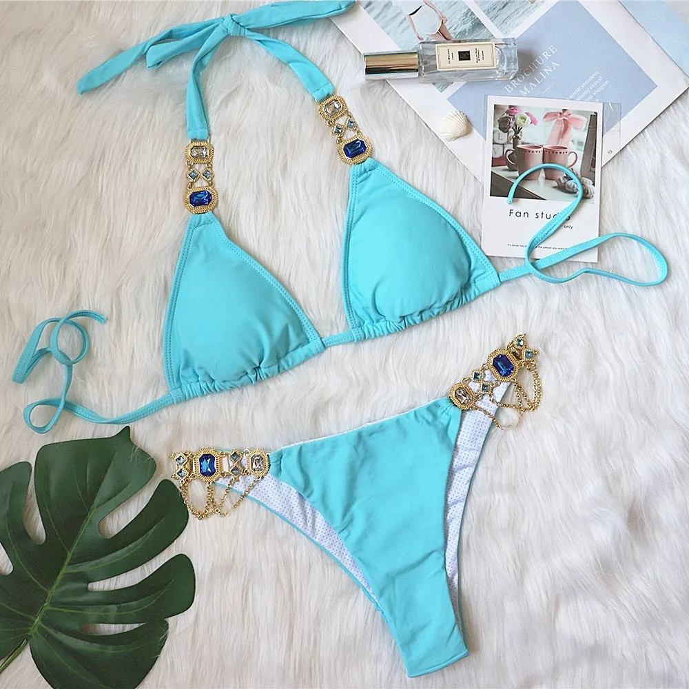 Purple halter bikini with crystal diamond and rhinestone detailing for women, polyester swimwear with chest pads