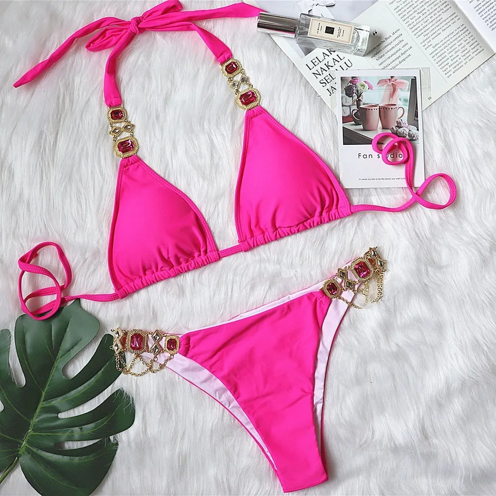 Purple halter bikini with crystal diamond and rhinestone detailing for women, polyester swimwear with chest pads
