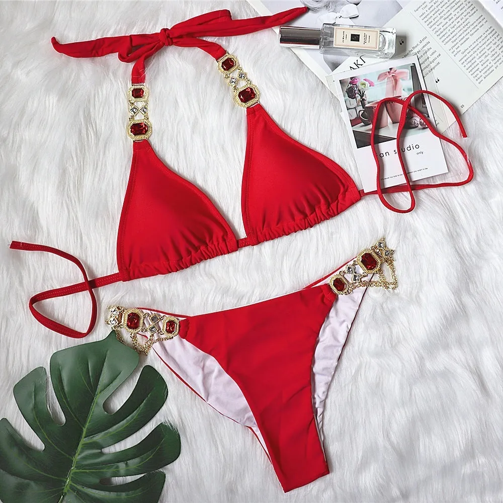 Purple halter bikini with crystal diamond and rhinestone detailing for women, polyester swimwear with chest pads