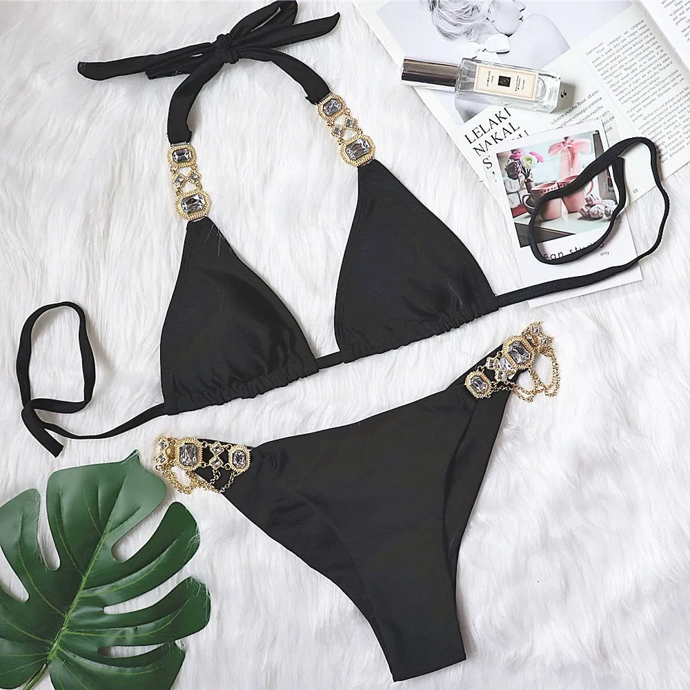 Purple halter bikini with crystal diamond and rhinestone detailing for women, polyester swimwear with chest pads