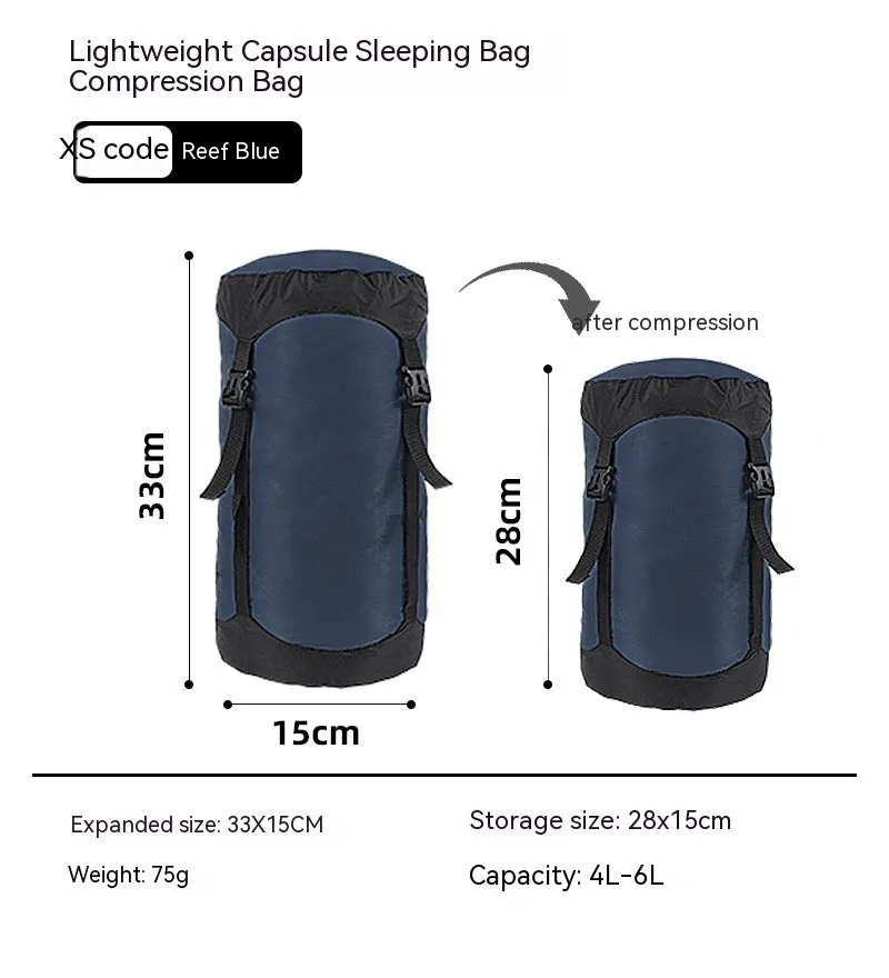 Down compression outdoor storage bag in 40D Silnylon ripstop, orange colour, with compression straps