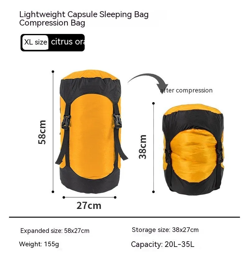 Down compression outdoor storage bag in 40D Silnylon ripstop, orange colour, with compression straps