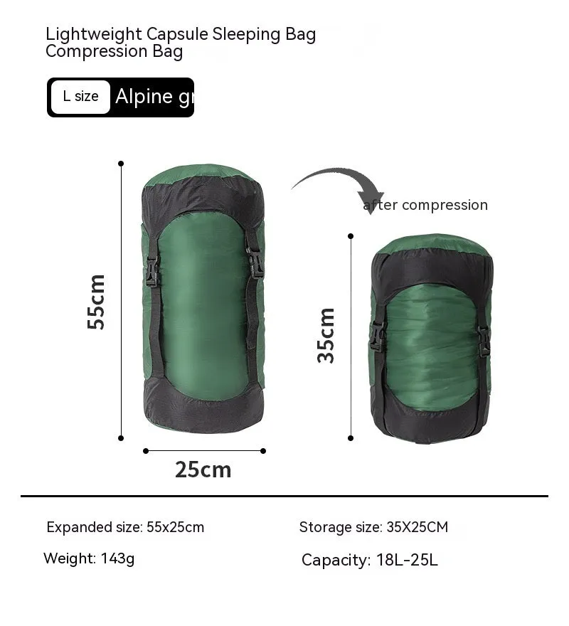 Down compression outdoor storage bag in 40D Silnylon ripstop, orange colour, with compression straps