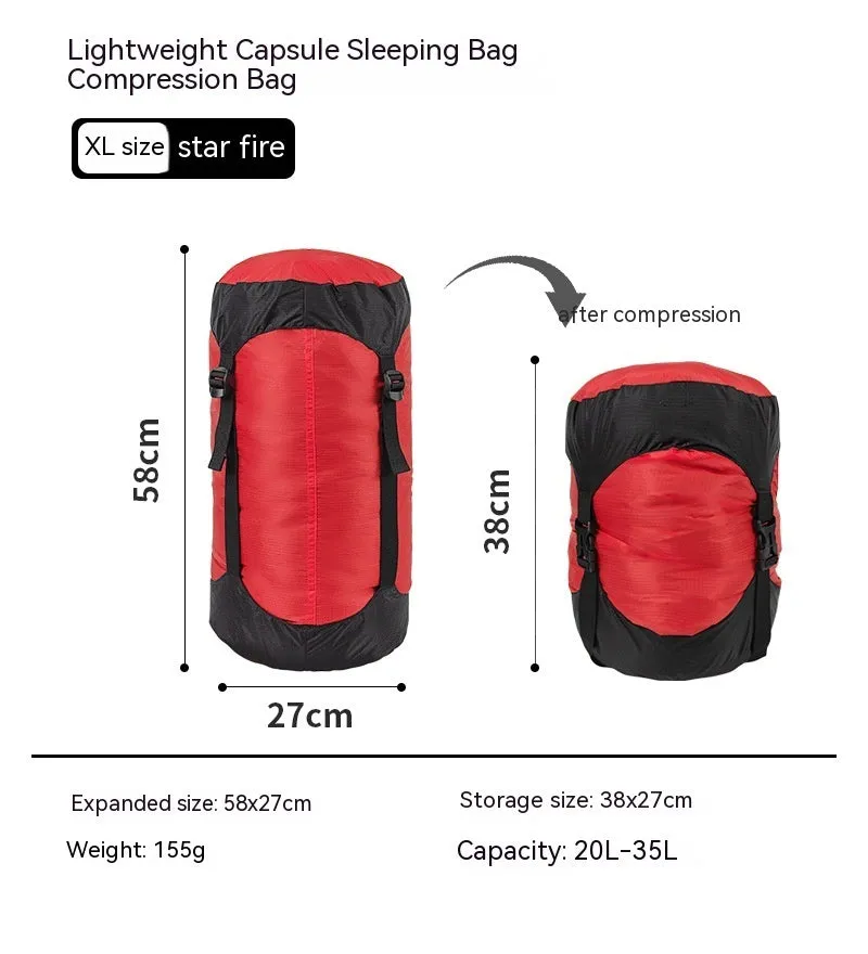 Down compression outdoor storage bag in 40D Silnylon ripstop, orange colour, with compression straps