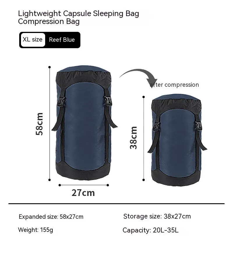 Down compression outdoor storage bag in 40D Silnylon ripstop, orange colour, with compression straps