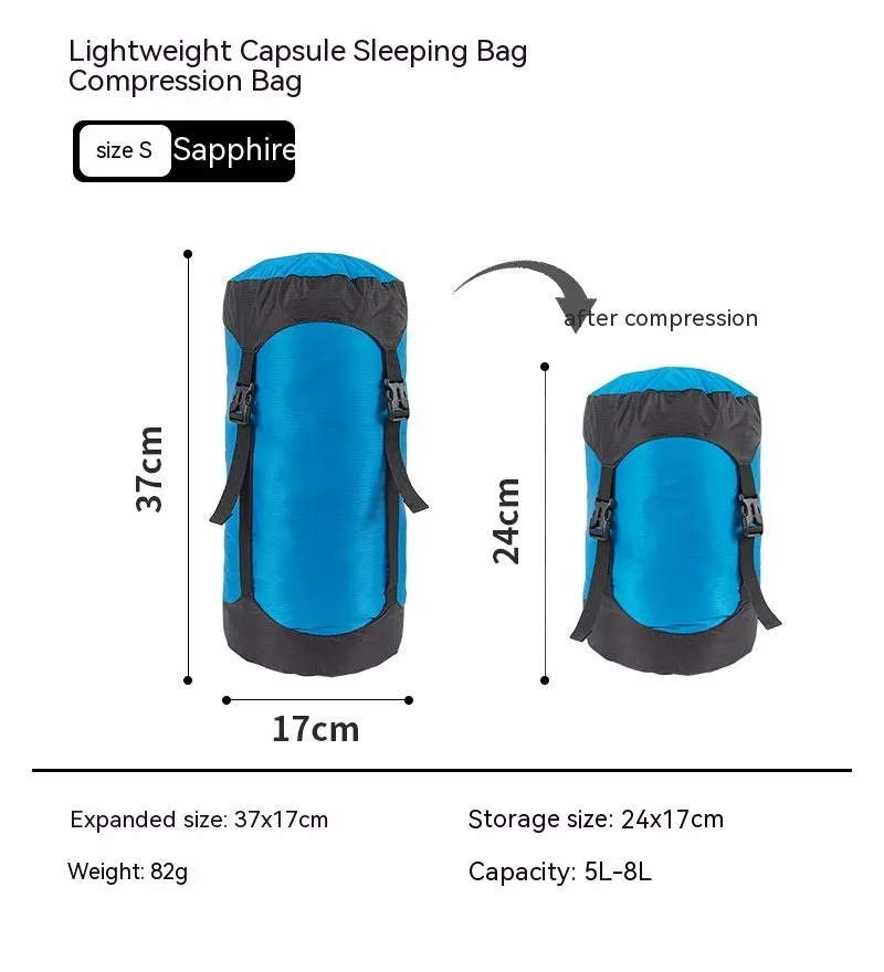 Down compression outdoor storage bag in 40D Silnylon ripstop, orange colour, with compression straps
