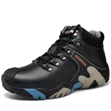 Men's high-top non-slip outdoor hiking shoes in black with two-layer cowhide upper