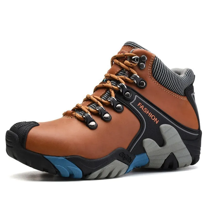 Men's high-top non-slip outdoor hiking shoes in black with two-layer cowhide upper