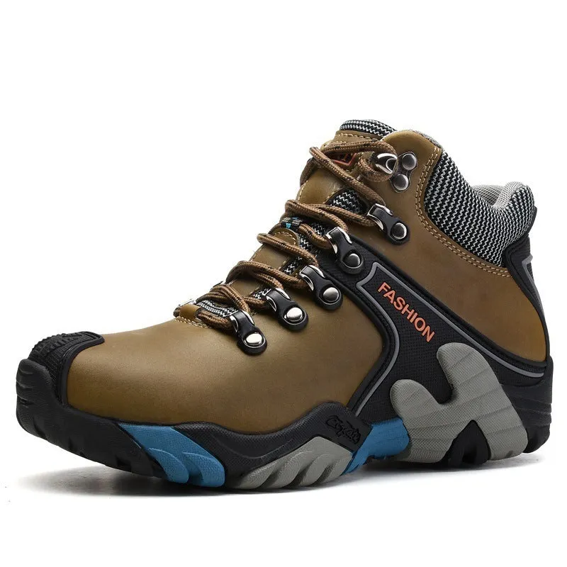 Men's high-top non-slip outdoor hiking shoes in black with two-layer cowhide upper