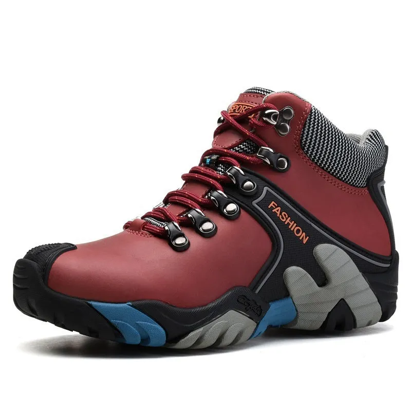 Men's high-top non-slip outdoor hiking shoes in black with two-layer cowhide upper