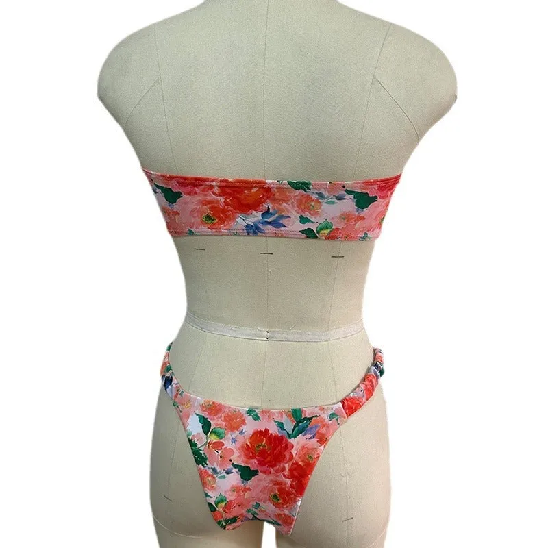 Colourful floral print European and American style bikini tube top with lace trim and matching shorts