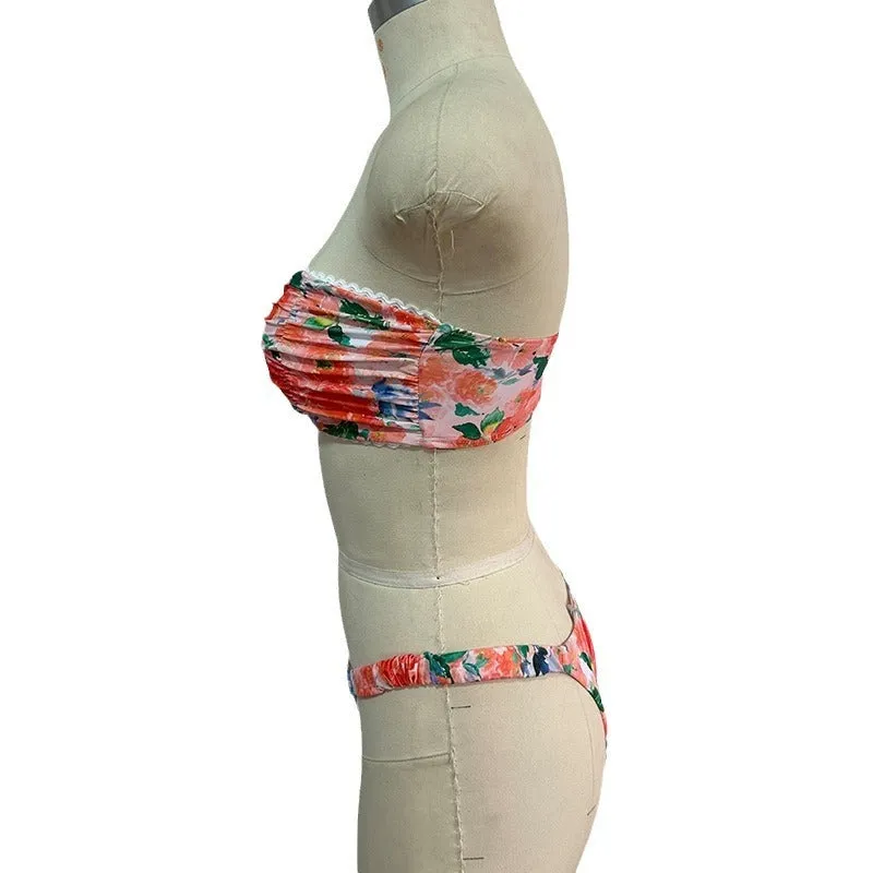 Colourful floral print European and American style bikini tube top with lace trim and matching shorts