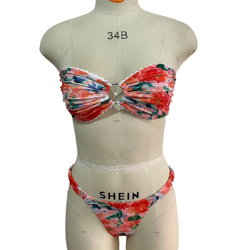 Colourful floral print European and American style bikini tube top with lace trim and matching shorts