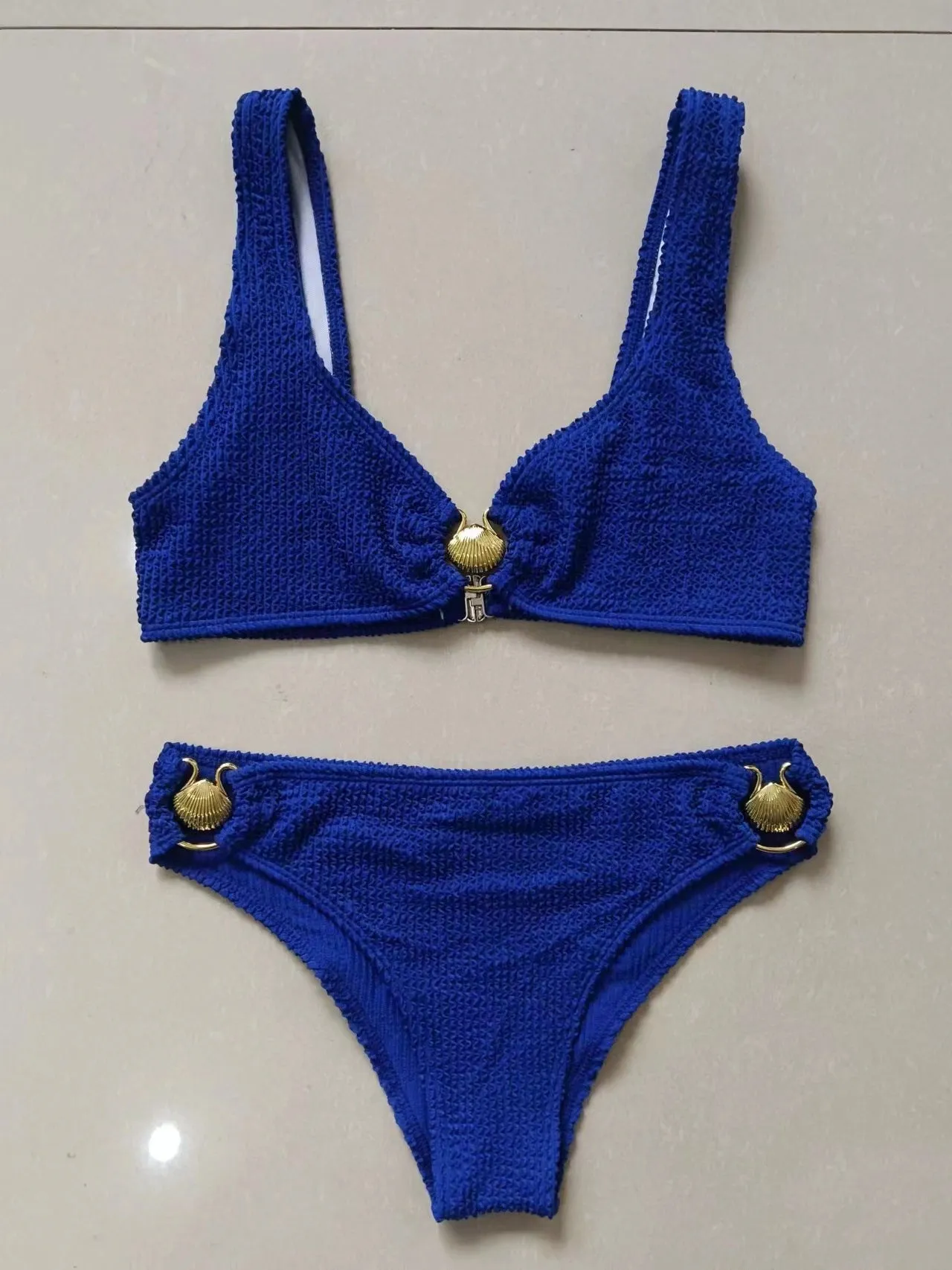 Women's sapphire blue solid colour snake cloth bikini set with bra top and briefs bottom for swimming and wading
