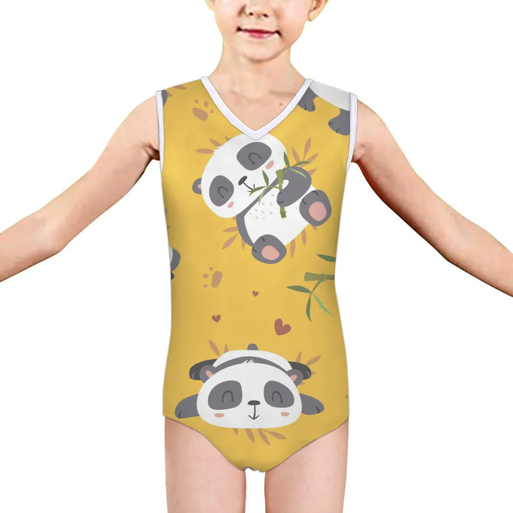 Girls one-piece panda print swimsuit in polyester spandex with high elasticity, ages 5-14