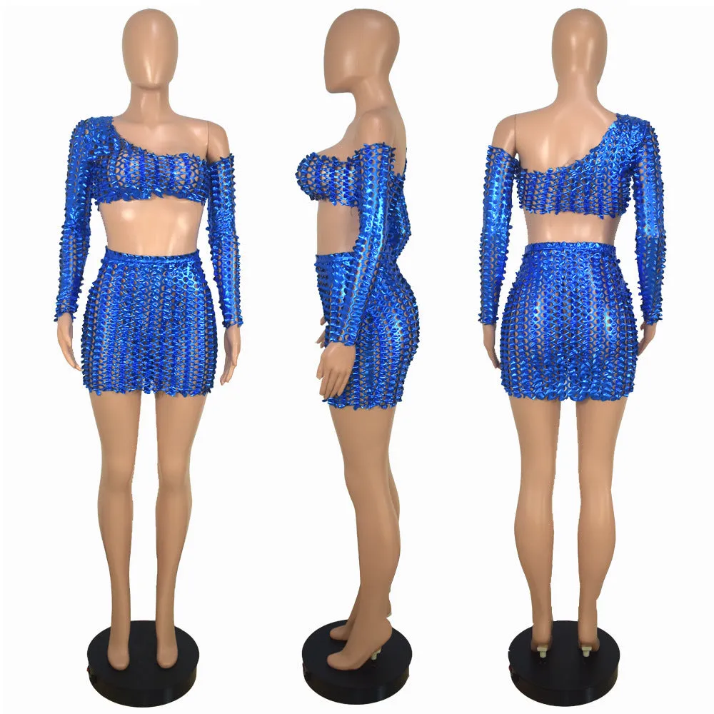 Women's hollow-out net hole two-piece dress set in polyester fabric