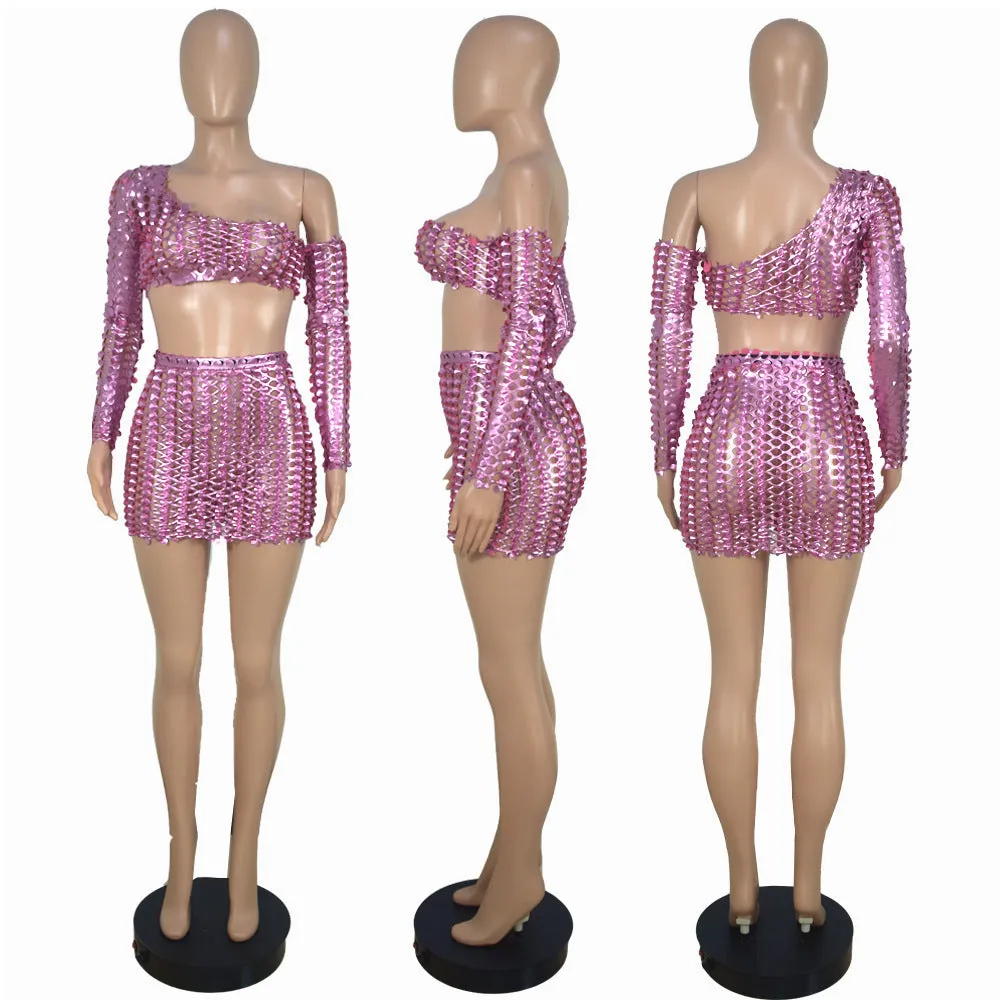 Women's hollow-out net hole two-piece dress set in polyester fabric