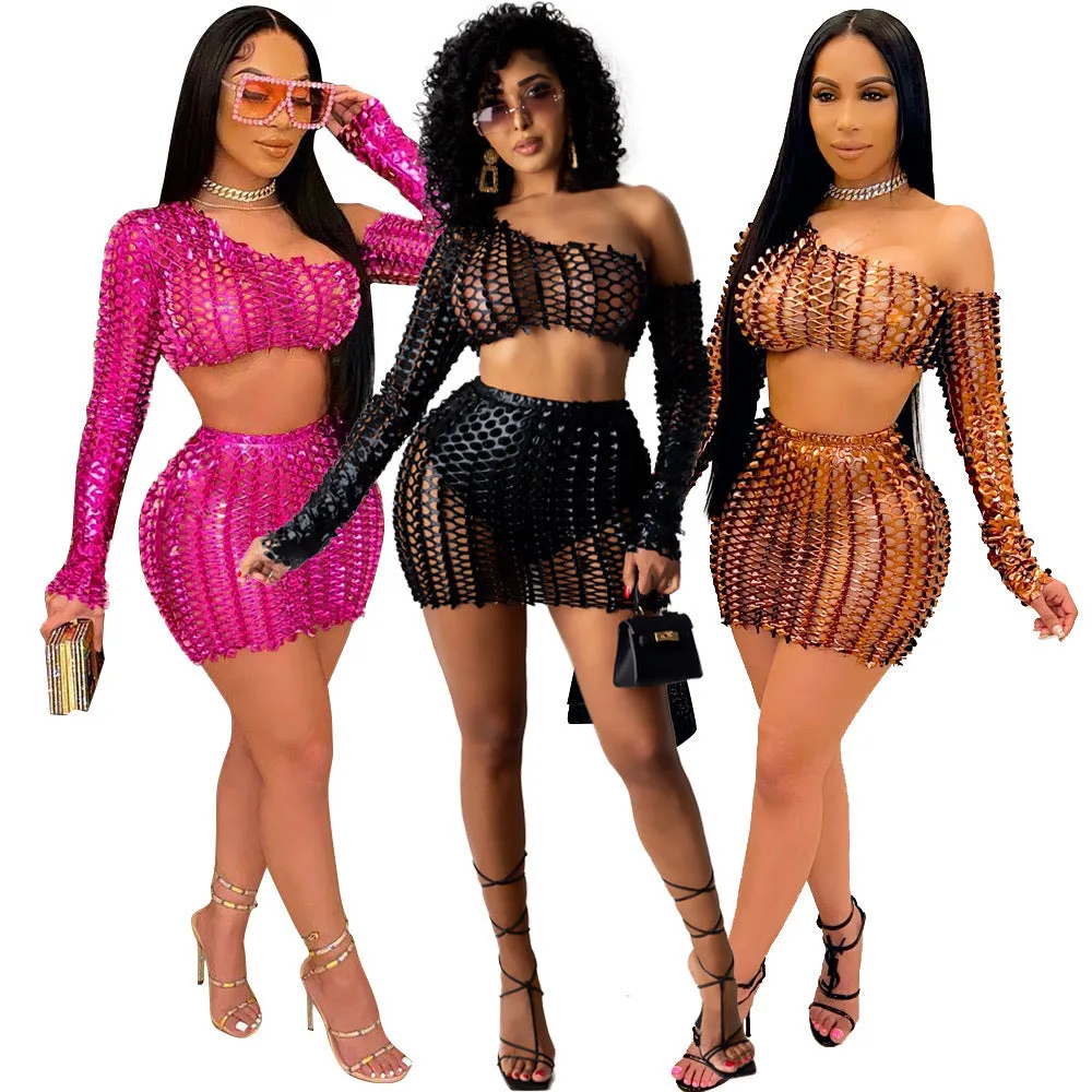 Women's hollow-out net hole two-piece dress set in polyester fabric