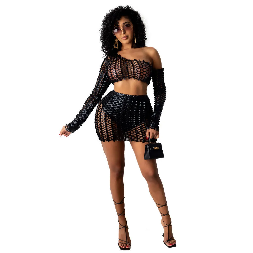 Women's hollow-out net hole two-piece dress set in polyester fabric