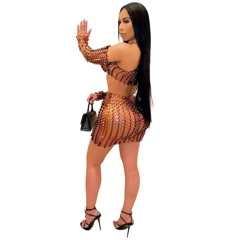 Women's hollow-out net hole two-piece dress set in polyester fabric