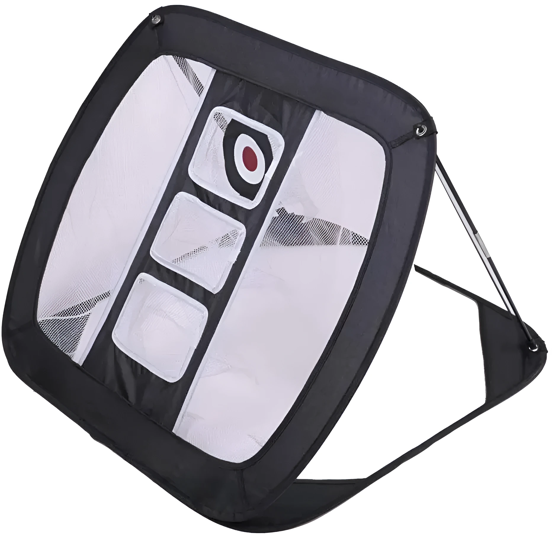 Foldable golf practice net in black on grass with square target for chipping drills