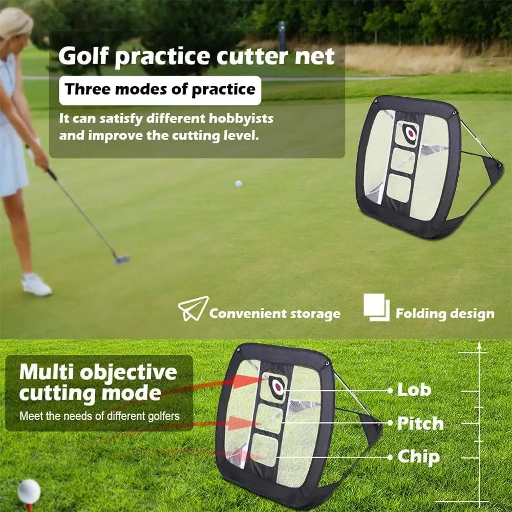 Foldable golf practice net in black on grass with square target for chipping drills