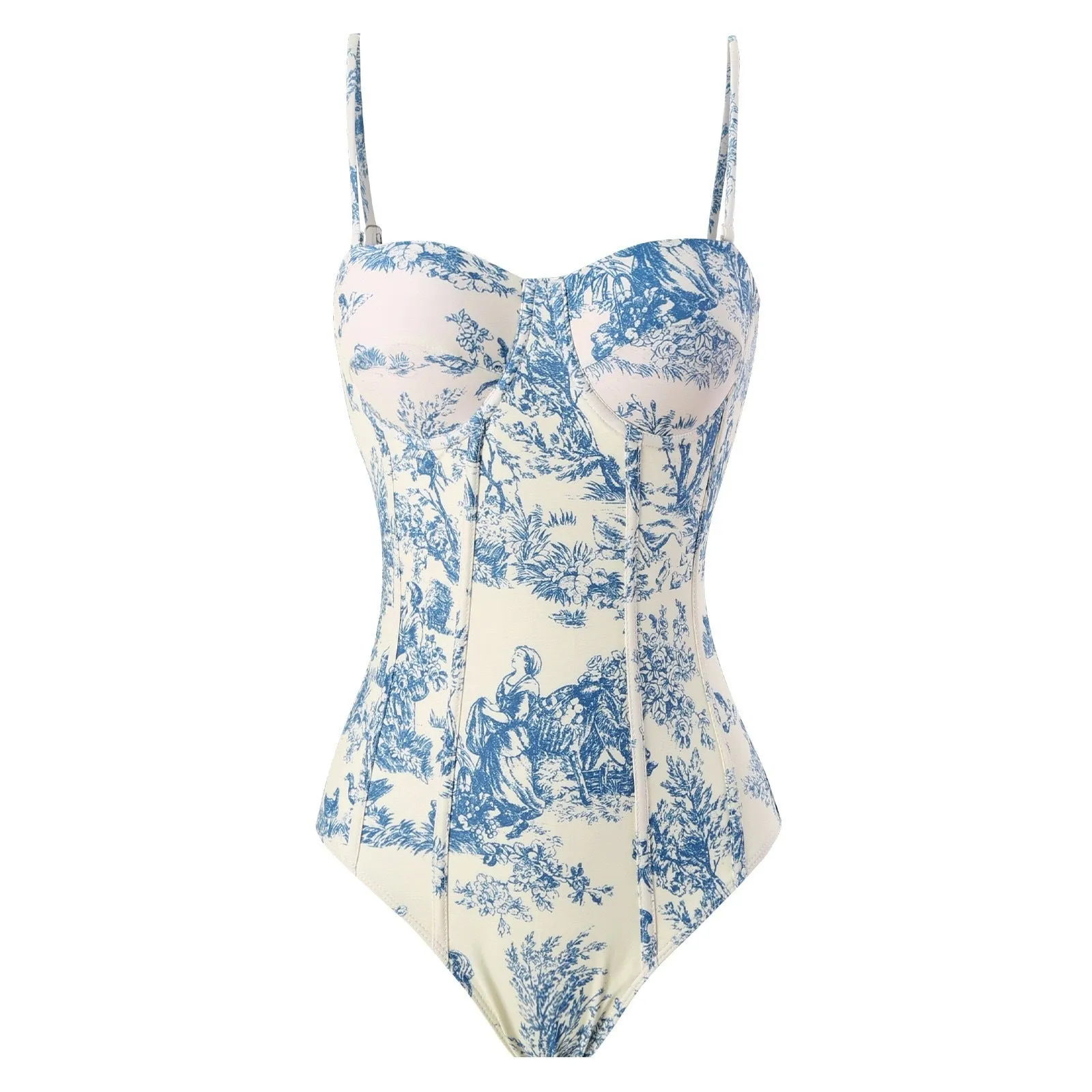 Blue patterned one-piece swimsuit for women with a matching gauze skirt.