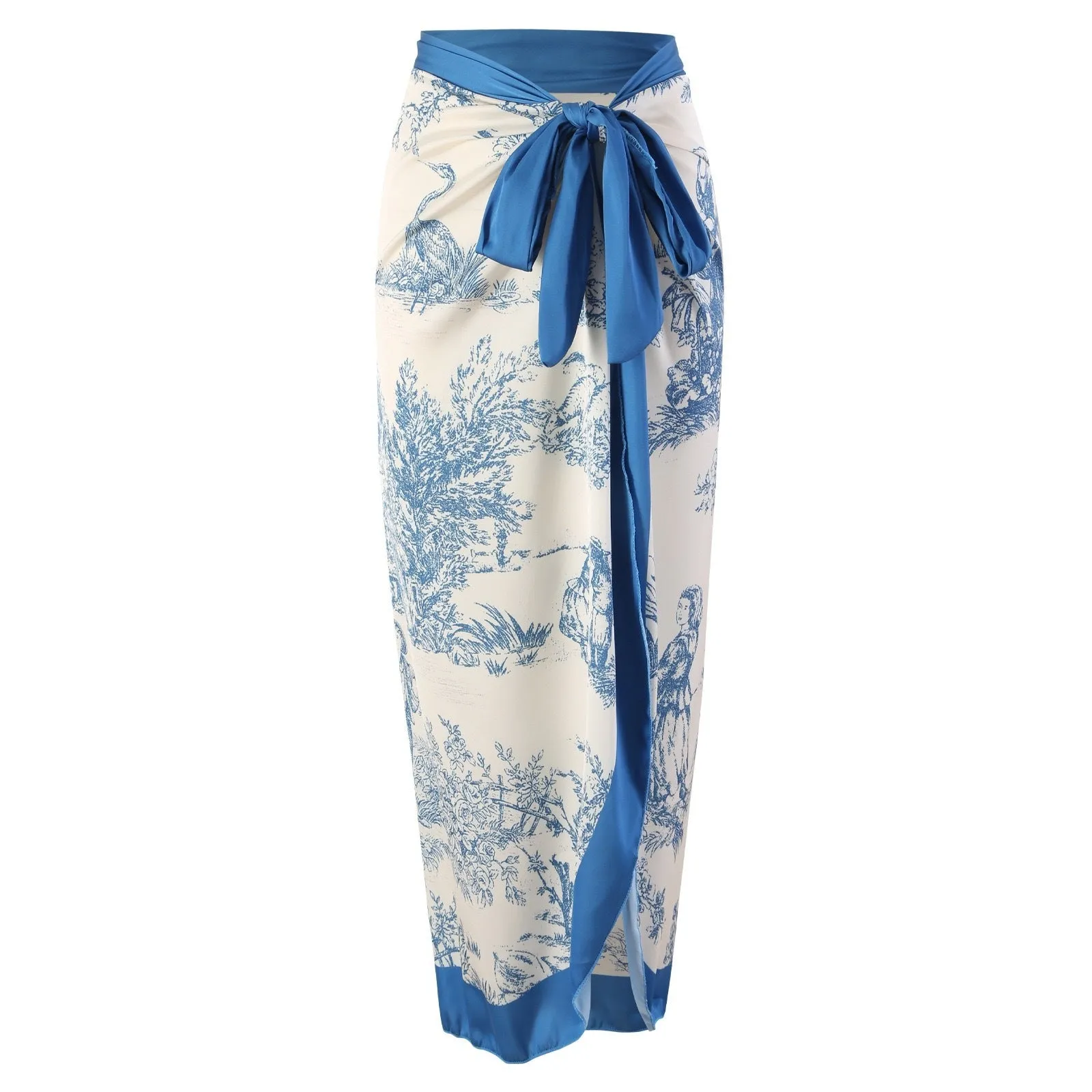 Blue patterned one-piece swimsuit for women with a matching gauze skirt.