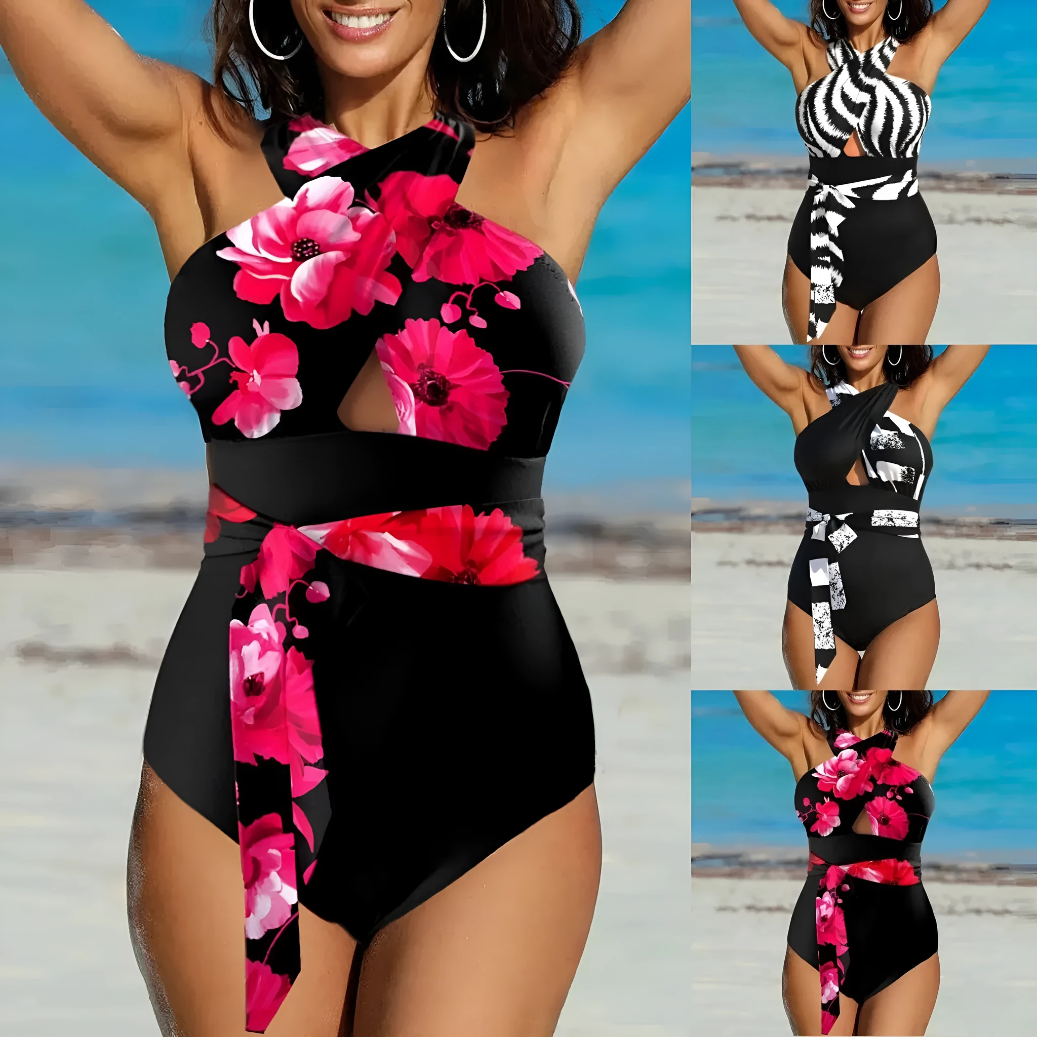 Lady Sexy Split Plus Size One-piece Swimsuit Spaghetti Straps Red Flower Colour Front View