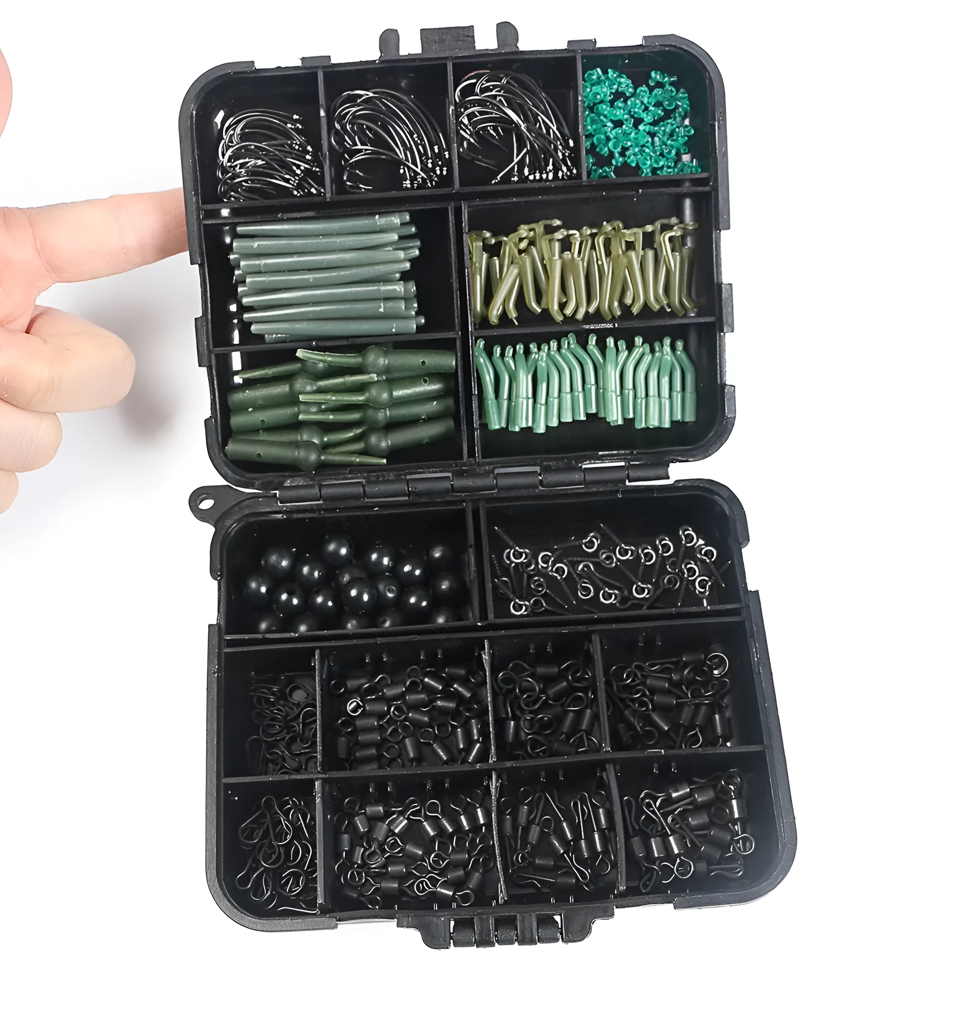 ANMUKA 420-piece space beam rotating fishing accessories set with swivels, pins, hooks, and storage box on a white background