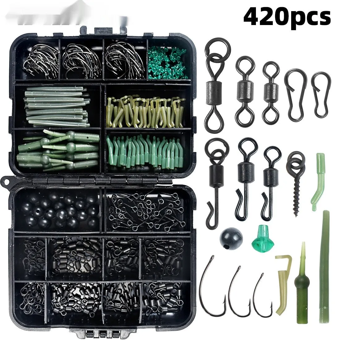 ANMUKA 420-piece space beam rotating fishing accessories set with swivels, pins, hooks, and storage box on a white background