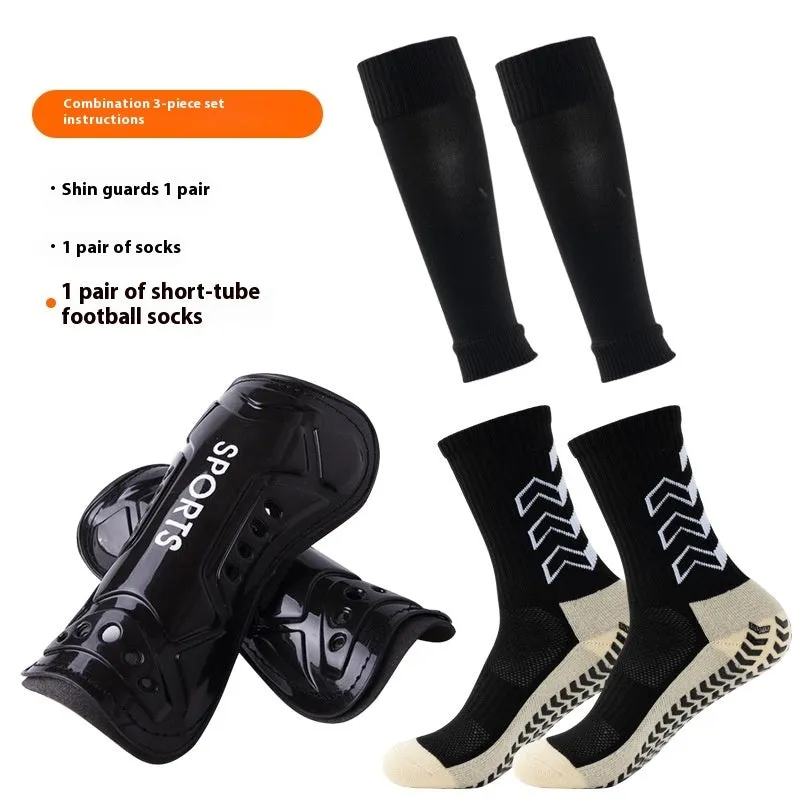 Thick below-the-knee long soccer shin guard set with non-slip socks and glue dispensing in multiple colours
