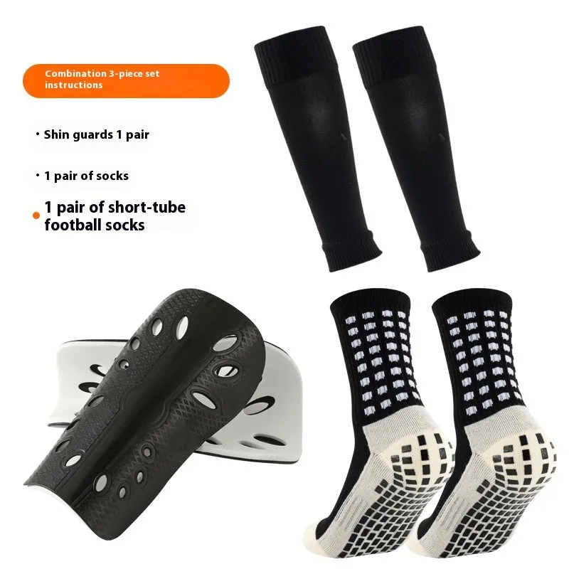 Thick below-the-knee long soccer shin guard set with non-slip socks and glue dispensing in multiple colours