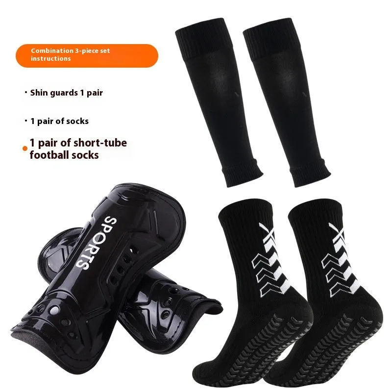 Thick below-the-knee long soccer shin guard set with non-slip socks and glue dispensing in multiple colours