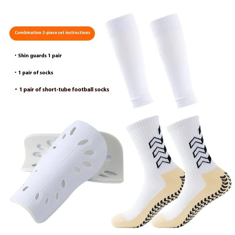 Thick below-the-knee long soccer shin guard set with non-slip socks and glue dispensing in multiple colours