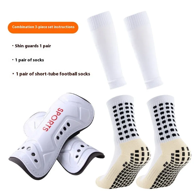 Thick below-the-knee long soccer shin guard set with non-slip socks and glue dispensing in multiple colours