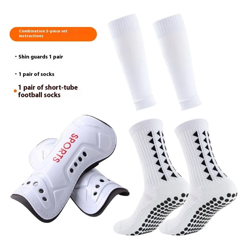 Thick below-the-knee long soccer shin guard set with non-slip socks and glue dispensing in multiple colours